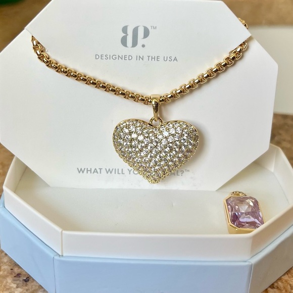 Gold Diamond CZ Heart Necklace on Bomb Party Gold Chain & Purple Pendant - Picture 1 of 4